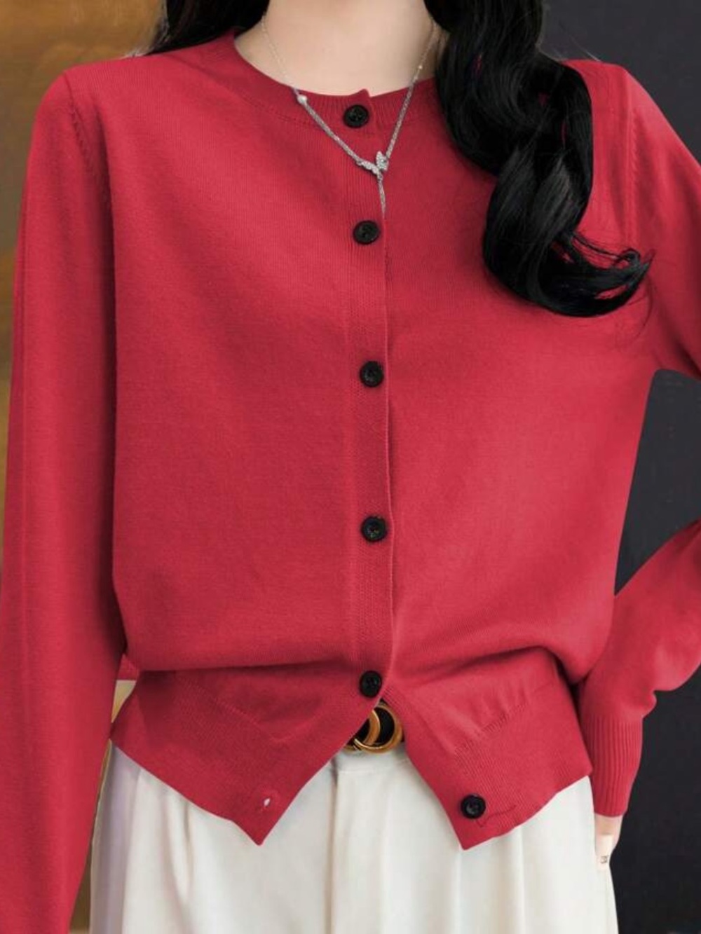 Red Button-Front Cardigan - Picture 2 of 6